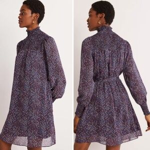Boden Sz 4 R blue floral print smocked Yoke‎ metallic thread dress